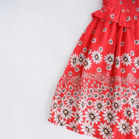 Loveriche Red Floral Smocked  Bodice Fit Flare Summer Sun Mini Dress M - Picture 7 of 13